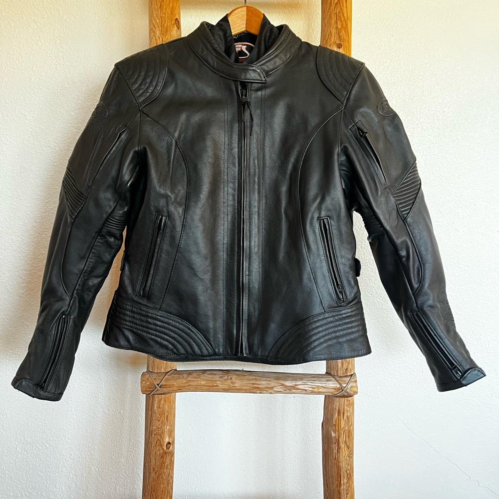Fieldsheer genuine leather motorcycle jacket with removable liner.